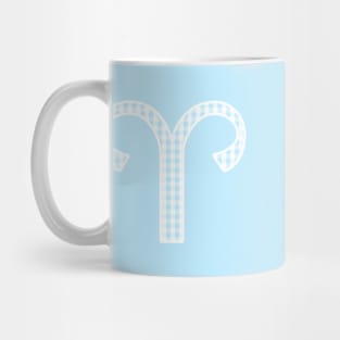 Aries Zodiac Horoscope Symbol in Pastel Blue and White Gingham Pattern Mug